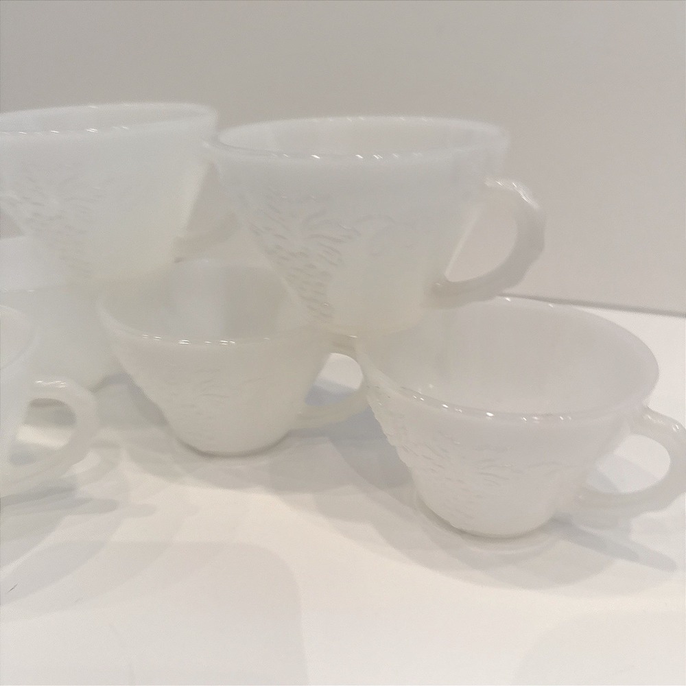 Set of 6 Vintage Milk Glass Grape Pattern Tea Cup Anchor Hocking Wedding White